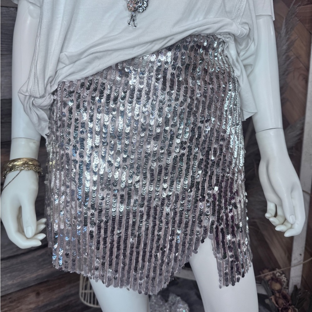 Free People Rose Gold & Silver Sequin Asymmetrical Slit Skirt NWT